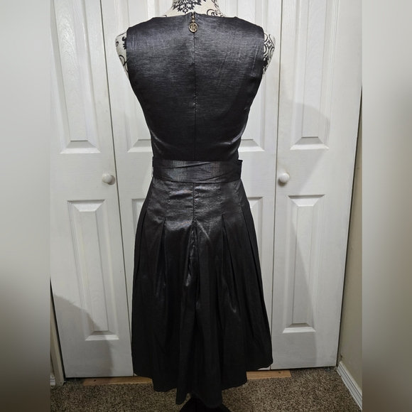 Tommy Hilfiger Metallic Dark Silver Stretch Taffeta Fit & Flare Dress - Picture 2 of 14